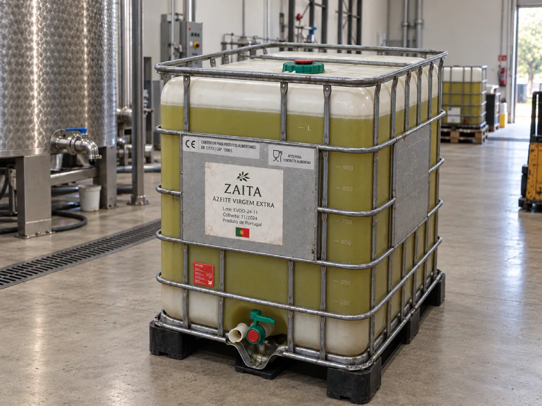 IBC alimentar ZAITA de ~1000 L com azeite virgem extra, em instalação industrial.